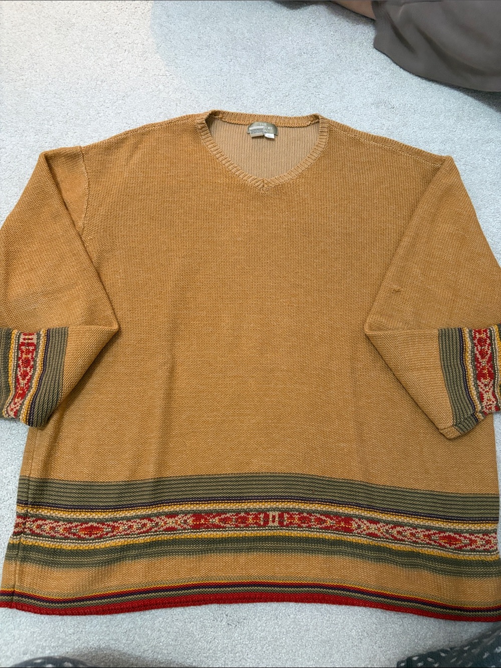 The Territory Ahead Men's V-Neck Sweater in Mustard with Red & Olive Accents